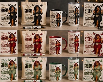May include: A collection of merchandise featuring a woman in a dress with butterflies and the text: You're not in a storm, you're in a transition, hold on, God knows what he's doing. Items include spiral notebooks, tote bags, pens, and mugs.