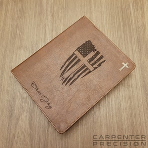 Personalized NIV Journal the Word Bible | Brown - One Nation Under God Flag and Cross - Custom Laser Engraving