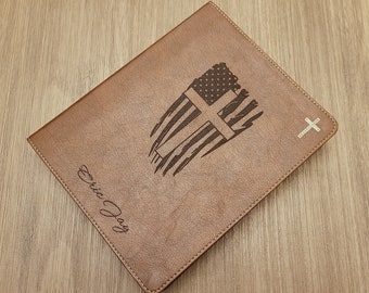 Personalized NIV Journal the Word Bible | Brown - One Nation Under God Flag and Cross - Custom Laser Engraving