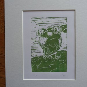 Original Linocut "Puffins" Limited Edition Print Hand Printed