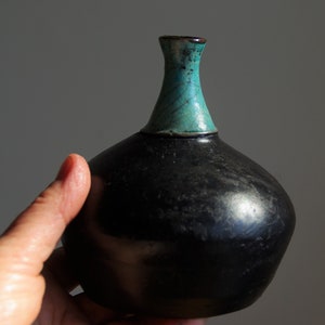 Raku pottery botle, turquoise Raku ceramic vase, effect of a cracked earth, Decorative  Ikebana black Vase, OOAK, Christmas gift