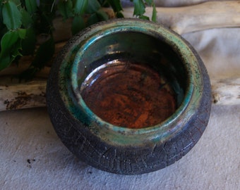 Cerámica Raku turquesa y negro Jarrón de cerámica Raku Pequeño jarrón de cerámica Ikebana Jarrón decorativo Raku Cerámica OOAK regalo para el mejor amigo