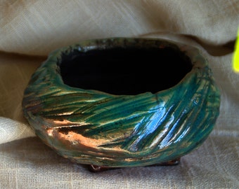 Raku ceramics  turquoise&black Raku pottery  vase Small Ceramic bonsai pot  Raku copper Pottery OOAK gift for best friend