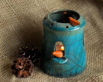 Raku ceramic lantern Ceramic candle holder turquoise lantern with candles with orange birds OOAK create a nice atmosphere at home