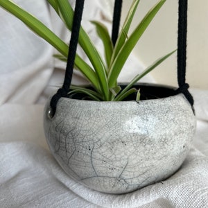 White Ceramic pot holder Raku ceramics for hanging on black strings. Ceramics for succulents, plants home decor Wabi Sabi OOAK
