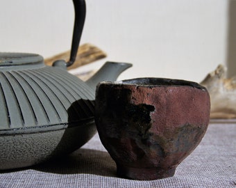 Kurinuki chawan Raku ceramics mug Coppermatte and glaze,handmade mug for tea ceremony, OOAK wabisabi gift for friend for a collector