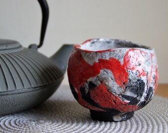 Raku ceramics chawan, kurinuki, Red white and Black pot,handmade mug for tea ceremony, OOAK, special gift for tea ceremony wabi sabi