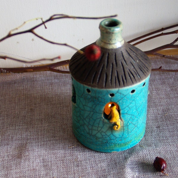 Raku ceramics light turquoise lantern Ceramics pottery house,blue candle lantern with yellow monkey in the window ,OOAK  gift for friends
