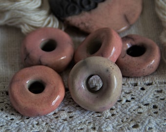 Raku ceramic beads, set 5 rose pink ceramics  elements,  set of beads, light pink ceramics jewellery supplies, OOAK, gift for her, wabi sabi