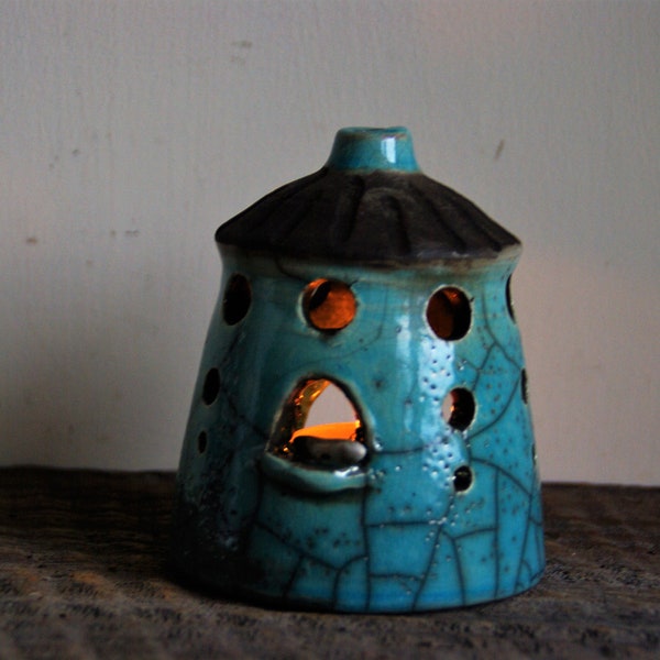Raku ceramics light turquoise lantern Ceramics pottery house,blue candle lantern with sweet white birds in the window OOAK  gift for friend
