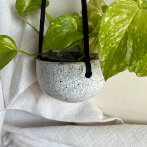 White Ceramic pot holder Raku ceramics for hanging on black strings. Ceramics for succulents, plants home decor Wabi Sabi OOAK