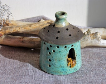 Raku ceramics light turquoise lantern Ceramics pottery house,blue candle lantern with sweet yellow cat in the window ,OOAK  gift for friends