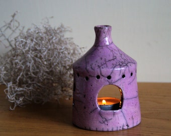 Lavender little lantern, raku ceramic light purple candle ceramic, cottage for tealight for a long nice evening ,OOAK gift for friend