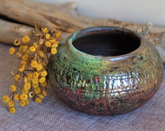 Raku copper pottery ceramics  turquoise&black  vase Small Ceramic Ikebana Vase Decorative ceramic  for dry flowers OOAK