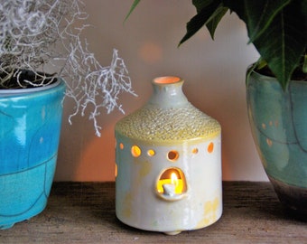 White ceramics little lantern Ceramics pottery house,white and beige candle lantern with a sleepy bird in the window ,OOAK Wedding gift