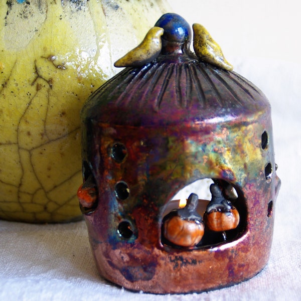 Raku ceramics copper color lantern Ceramics pottery house, with sweet birds on the roof and pumpkins  in the window OOAK  gift for friends
