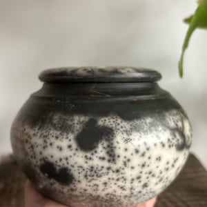 Raku Pottery Naked Raku container with a lid  urn for ashes, Raku Pottery Black and White handmade ceramic urne, OOAK, unique ceramics