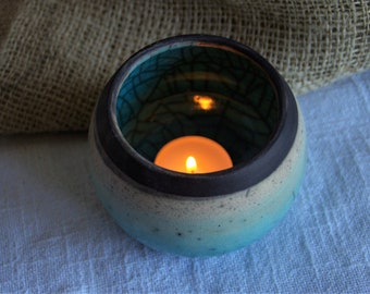 Raku pottery black and turquoise  ceramics lantern candle ball  lantern for tealight ceramics for  soy candles with openwork OOAK