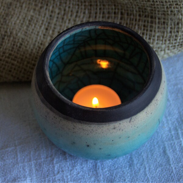 Raku pottery black and turquoise  ceramics lantern candle ball  lantern for tealight ceramics for  soy candles with openwork OOAK