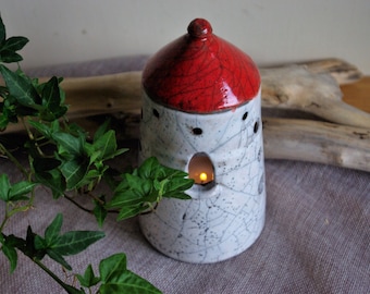 Raku ceramics, white and red  lantern,  house for  candle ,  tealight holder OOAK handmade gift for friend for long  summer evening