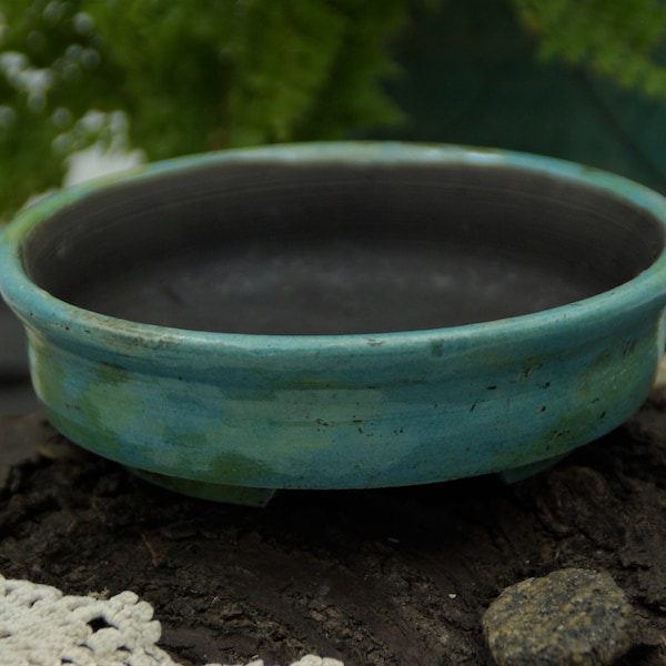 Turquise and green Bonsai Pot, Raku Pottery Handmade, Raku ceramics spring flower pot Wabi Sabi Ceramics OOAK Mini Bonsai Raku Plantpot