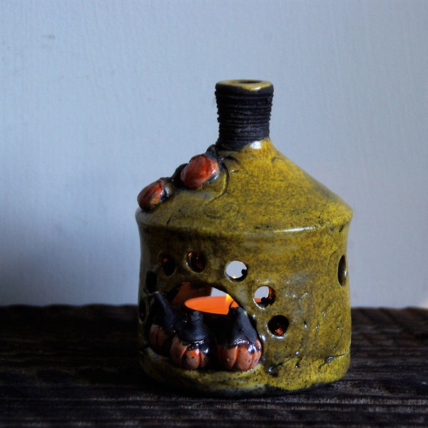 yellow ceramic  lantern with pumpkins  in the window Ceramics pottery house, OOAK  gift for friends homedecore Raku