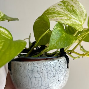 White Ceramic pot holder Raku ceramics for hanging on black strings. Ceramics for succulents, plants home decor Wabi Sabi OOAK