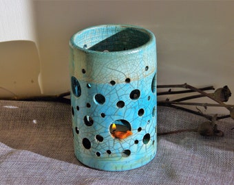 Raku ceramics light turquoise lantern Ceramics pottery house,blue candle lantern with sweet orange birds in the window,OOAK gift for friends