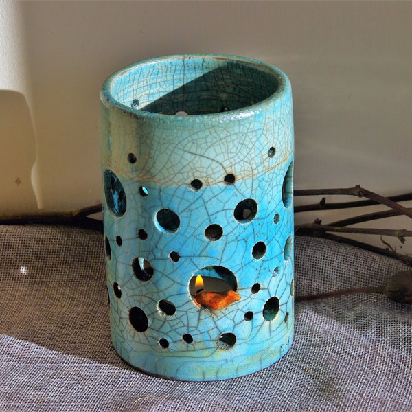 Raku ceramics light turquoise lantern Ceramics pottery house,blue candle lantern with sweet orange birds in the window,OOAK gift for friends