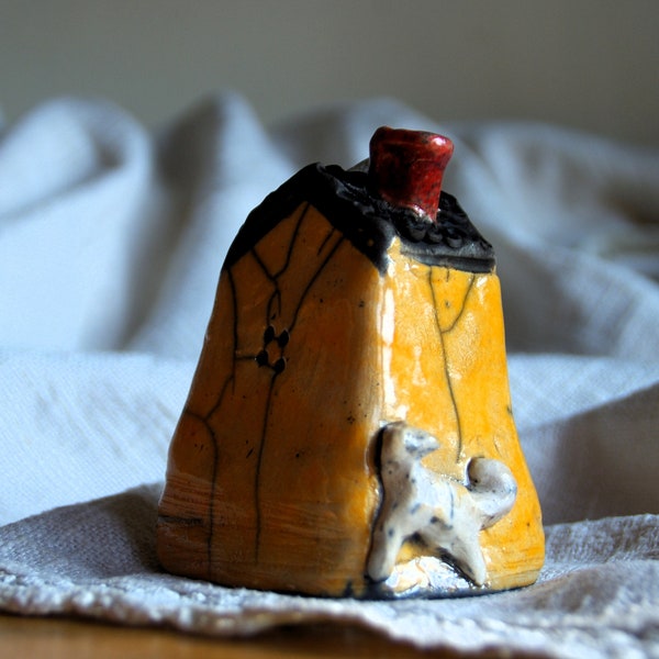 Raku sculpture Yellow house with a white bird on the roof. Red chimney incense stick stand, kurinuki, fairy tale yellow house with cat