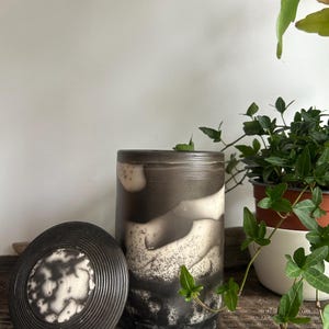 Raku Pet Cremation Urn | Handmade Ceramic Memorial Jar | Black, White & Grey | Unglazed Fire-Finished Vessel OOAK