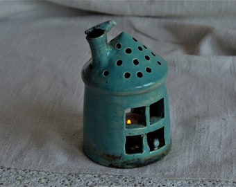 Raku ceramics lantern Ceramics candle house  turquoise candle lantern with two  birds OOAK gift for friends handmade wabi sabi