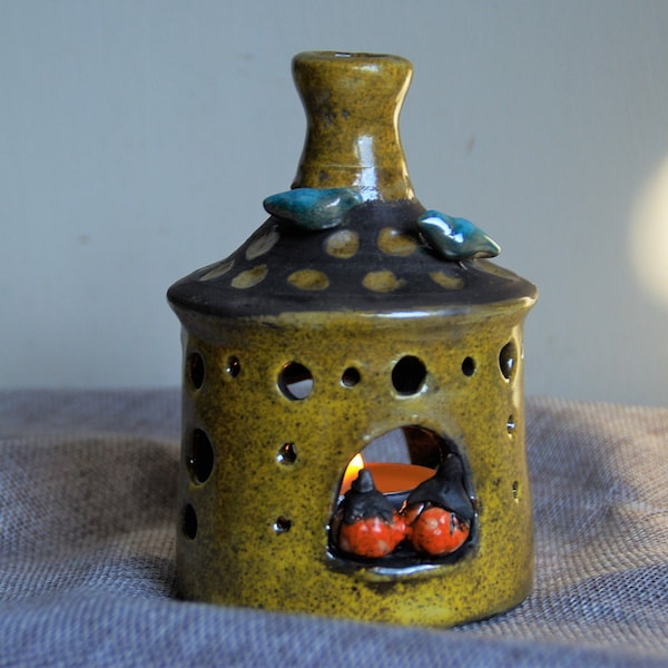 Raku ceramics yellow lantern with pumpkins and blue birds in the window Ceramics pottery house, OOAK  gift for friends homedecore