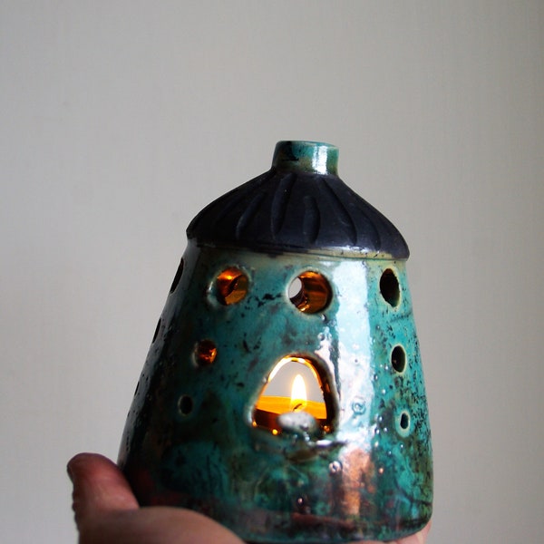 Boho ceramics light turquoise lantern, Raku pottery house, blue candle lantern with sweet white birds in the window OOAK gift for freind