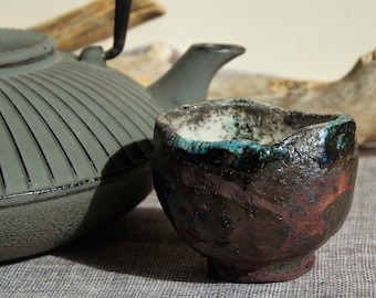 Kurinuki chawan Raku ceramics mug Coppermatte and glaze,handmade mug for tea ceremony, OOAK wabisabi gift for friend
