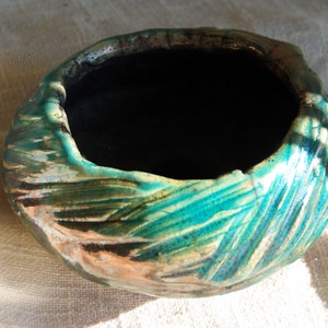 Ceramika Raku turkusowo-czarna Wazon ceramiczny Raku Mała ceramiczna doniczka bonsai Raku miedź Ceramika OOAK prezent dla najlepszego przyjaciela