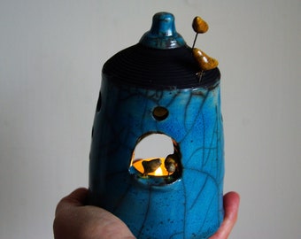 Raku Ceramic Lantern, Ceramic Candle House Turquoise, raku pottery  Candle Lantern with Orange Birds, Cottage with Crooked Chimney, OOAK,