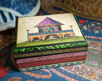 Decoupaged Box with an 18th Century Chinese Architectural Image