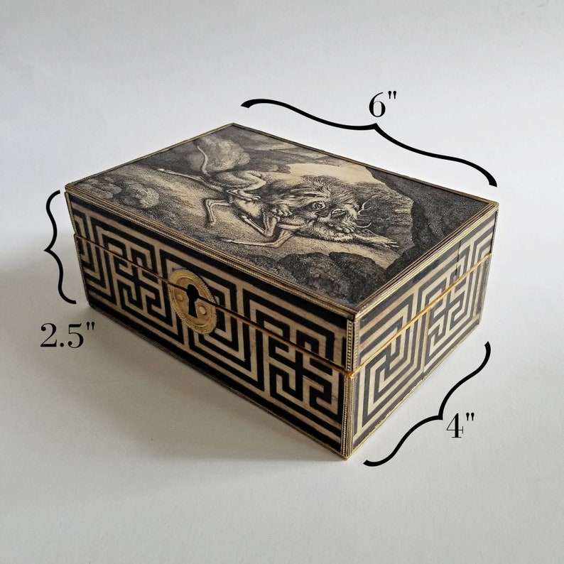 May include: Rectangular box with a black and white geometric pattern and a hinged lid. The lid features a black and white illustration of a mythical creature. The box is 6 inches long, 4 inches wide, and 2.5 inches high.
