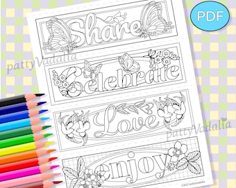 Inspirational Coloring Bookmarks Set, Enjoy, Love, Celebrate, Share, PDF, Instant Download