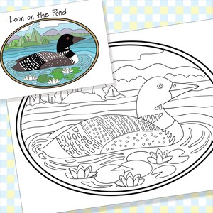 May include: Two illustrations of a loon on a pond. One is a colored drawing with the text "Loon on the Pond" above it. The other is a black and white line drawing of the same scene, with water lilies.