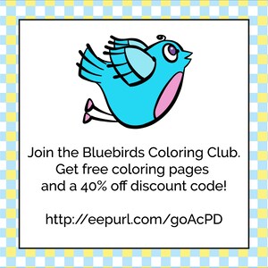May include: A cartoon bluebird in flight with pink accents and a purple eye is featured on a white background. The text "Join the Bluebirds Coloring Club. Get free coloring pages and a 40% off discount code!" is included, along with a URL.