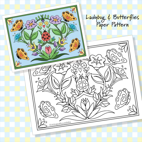 Punch Needle Pattern, Ladybug, Butterflies, Rug Hooking, Crewel, Embroidery, Applique', 10"x 14", Color Guide