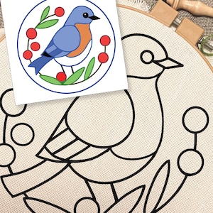 Può includere: Un uccello blu con il petto rosso è circondato da una ghirlanda di foglie verdi e bacche rosse. L'uccello è delineato in nero e la ghirlanda è delineata in blu. L'immagine è su uno sfondo bianco.