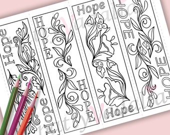 Hope Bookmarks, Gift for Friends, Set of 4, Downloadable, Printable Coloring Page, PDF