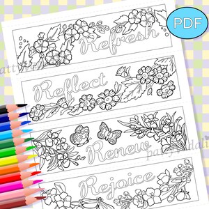 Puede incluir: Cuatro marcapáginas imprimibles con diseños florales y las palabras "Refresh", "Reflect", "Renew" y "Rejoice".