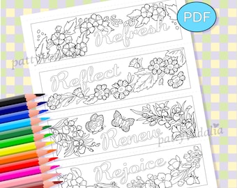 Inspirational Coloring Bookmarks, Refresh, Reflect, Renew, Rejoice, PDF, Instant Download