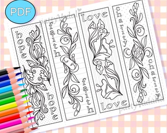 Downloadable Coloring Bookmarks, Faith, Hope, Love, Charity, Printable Coloring Page, PDF