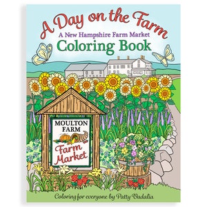 May include: A colouring book titled "A Day on the Farm" with a New Hampshire Farm Market theme. The cover shows a colourful illustration of a farm scene with sunflowers, a farm market sign, and butterflies. The text "Coloring Book" is displayed.