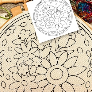 May include: An embroidery hoop featuring a floral design in black outline. A printed floral design sits on top. Green and multicoloured yarn are visible, along with a wooden embroidery tool. The design includes flowers and leaves.